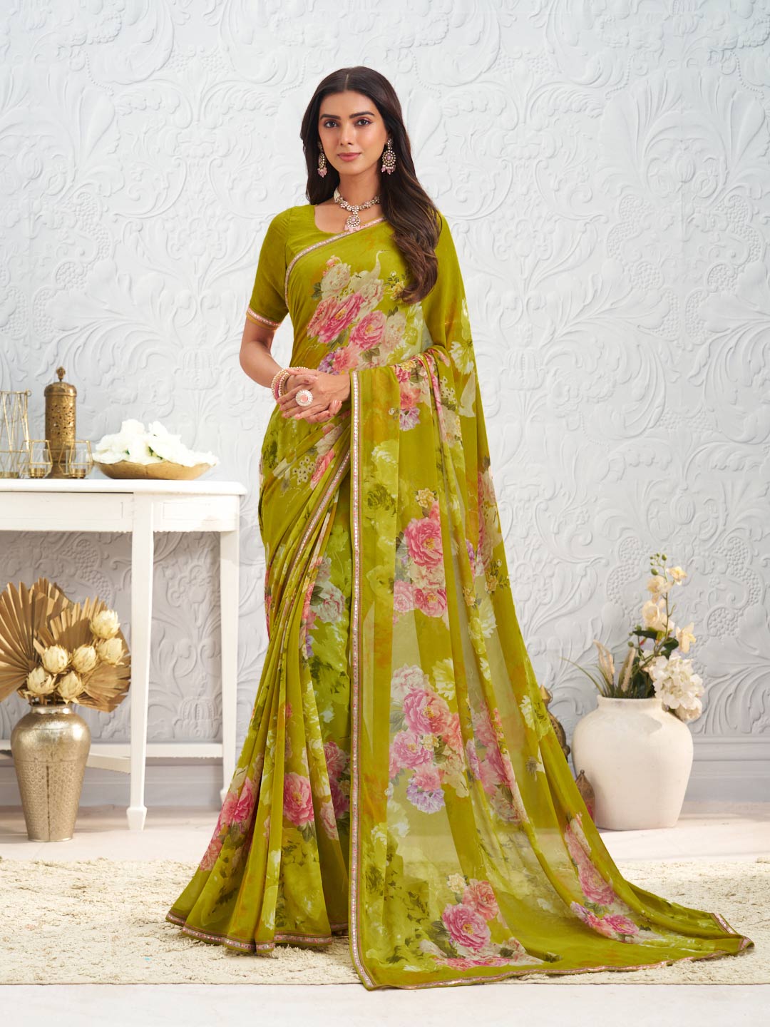 Olive Green floral printed georgette saree daily wear