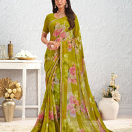 Olive Green floral printed georgette saree daily wear