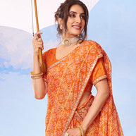 Orange printed silk saree party wear