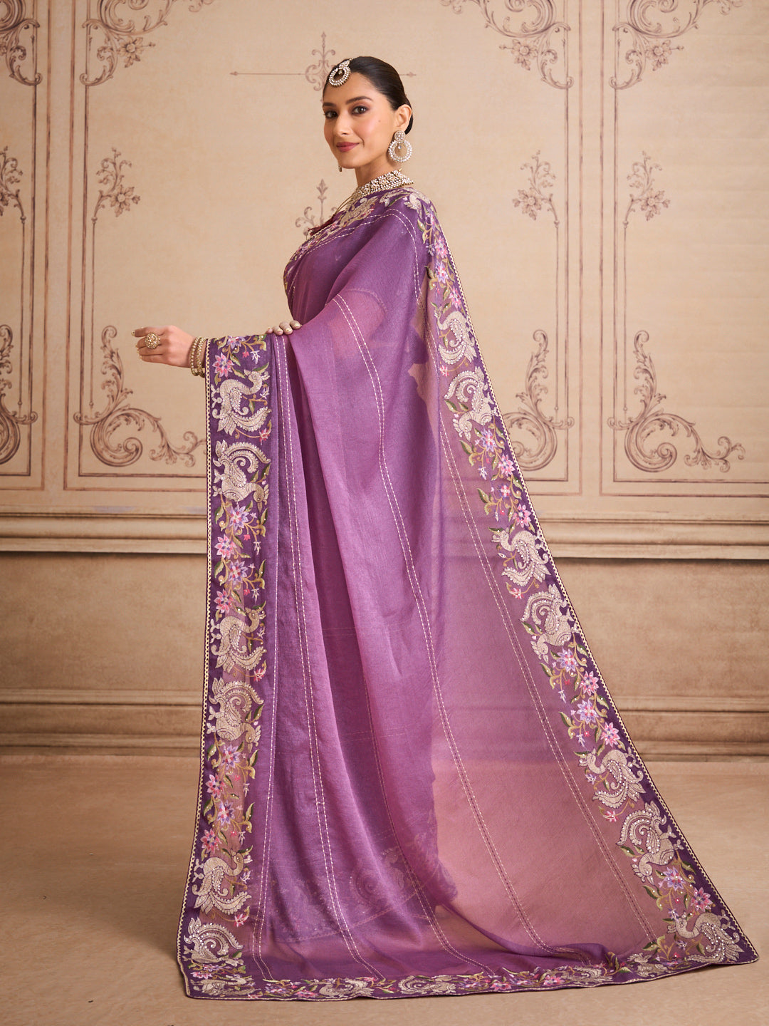 Purple floral embroidered silk blend saree daily wear