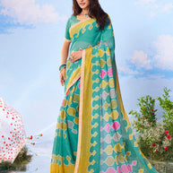 Green geometric printed chiffon saree daily wear 