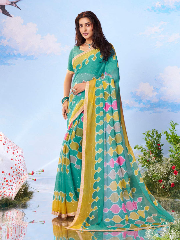 Green geometric printed chiffon saree daily wear 