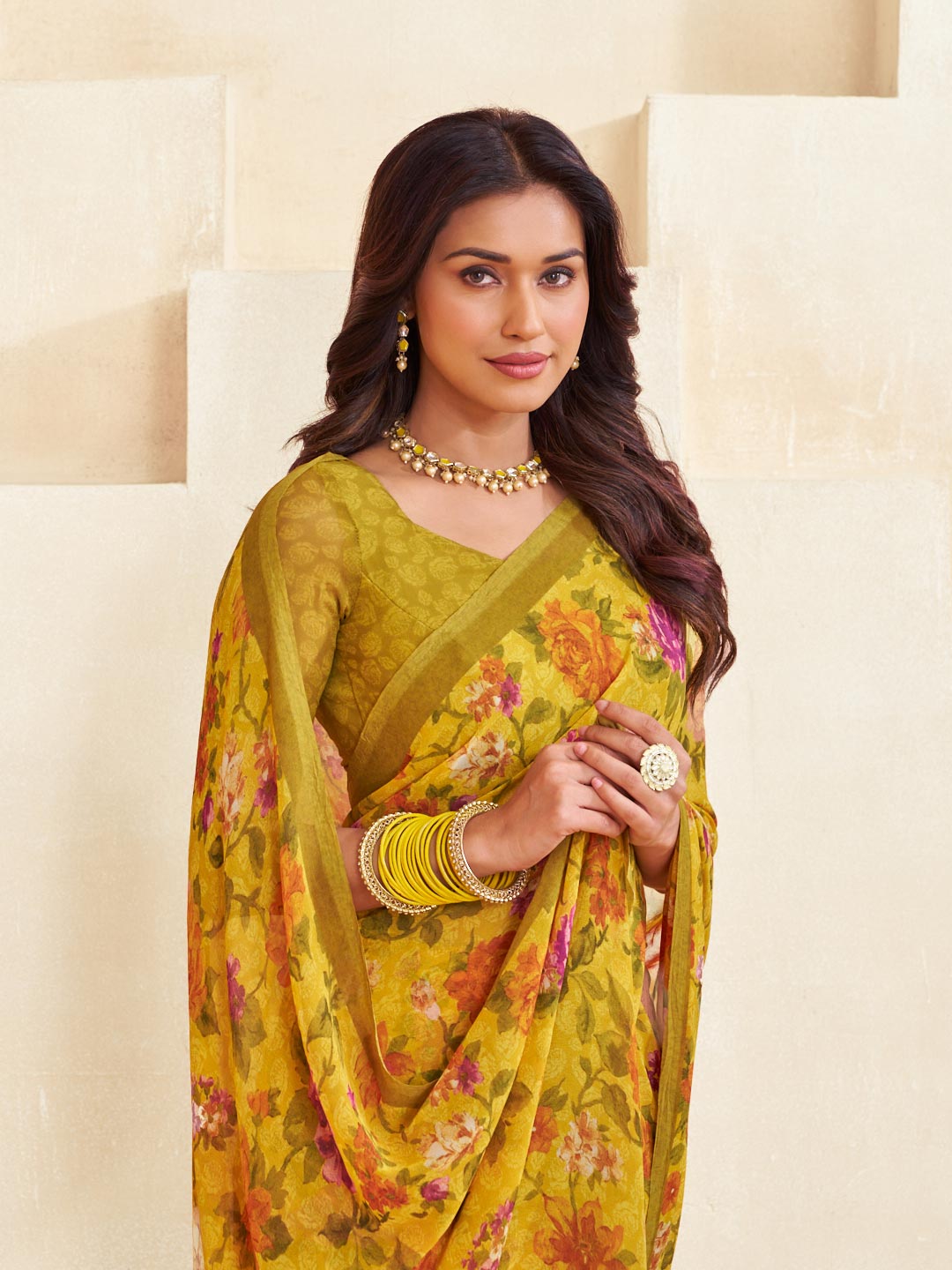 Yellow floral georgette saree casual style