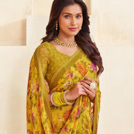 Yellow floral georgette saree casual style
