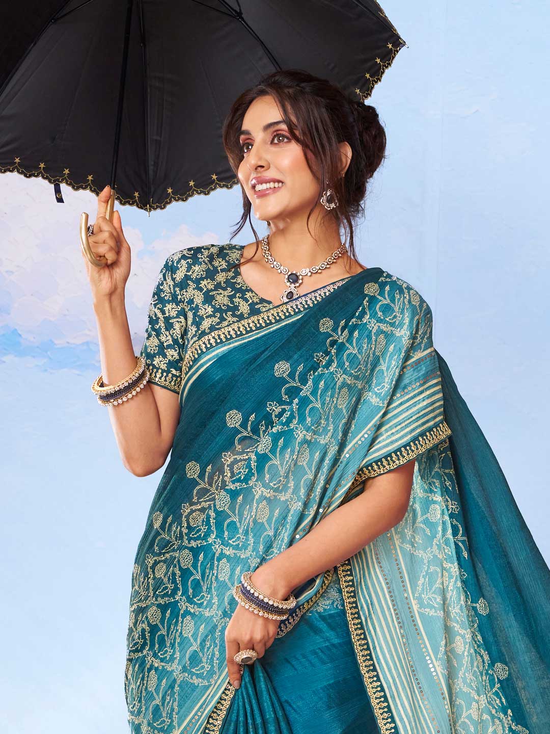 Blue geometric printed silk blend saree casual wear 