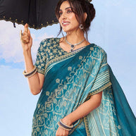 Blue geometric printed silk blend saree casual wear 