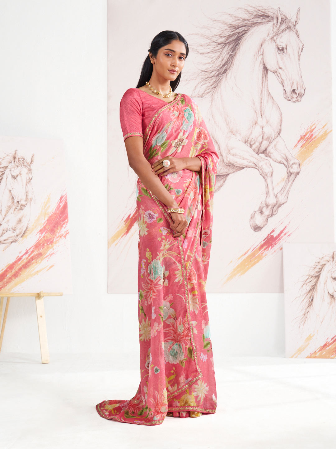 Laxmipati Murli Pink Chiffon Floral Saree