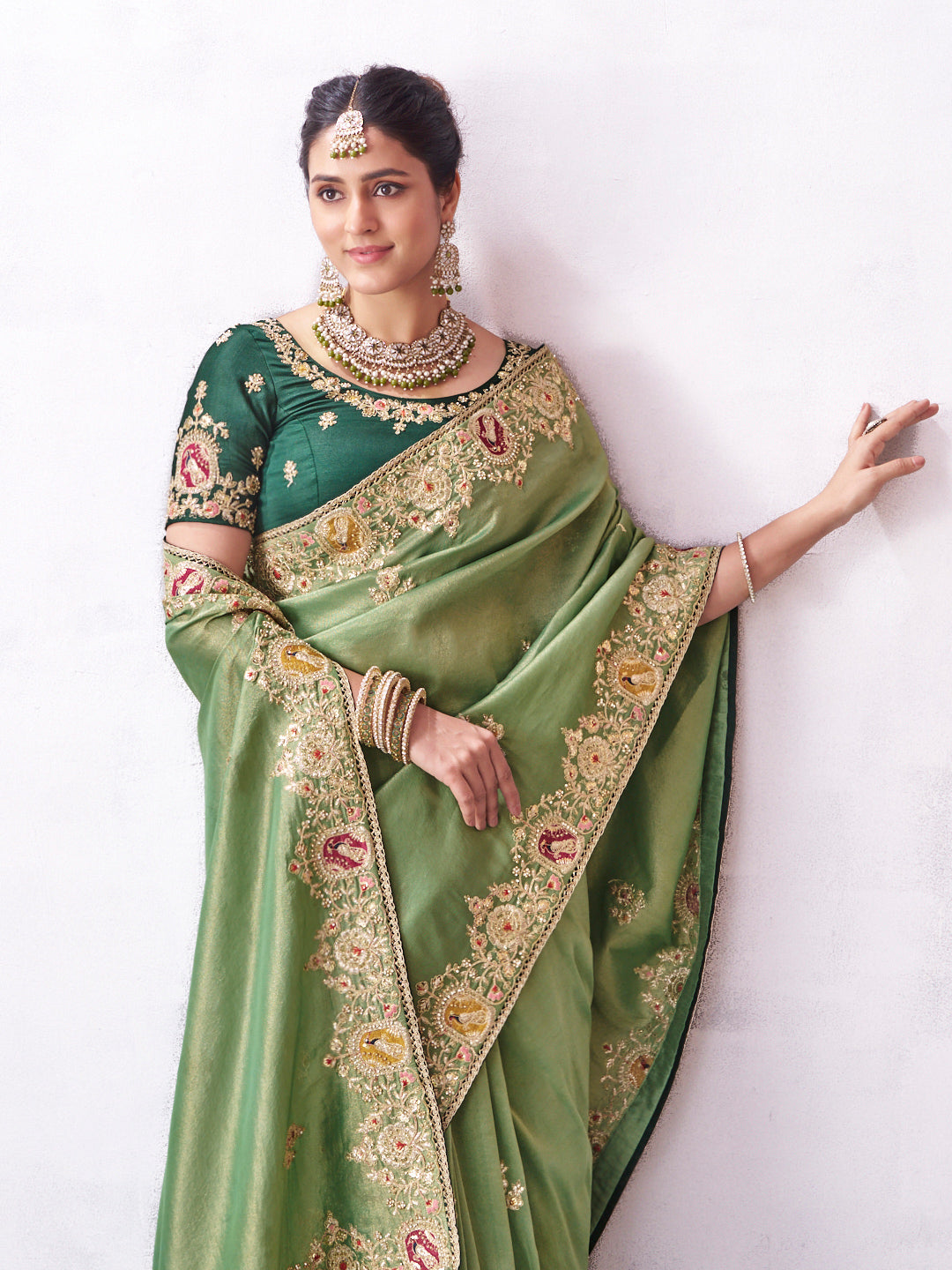 Green floral embroidery saree stylish drape