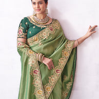 Green floral embroidery saree stylish drape