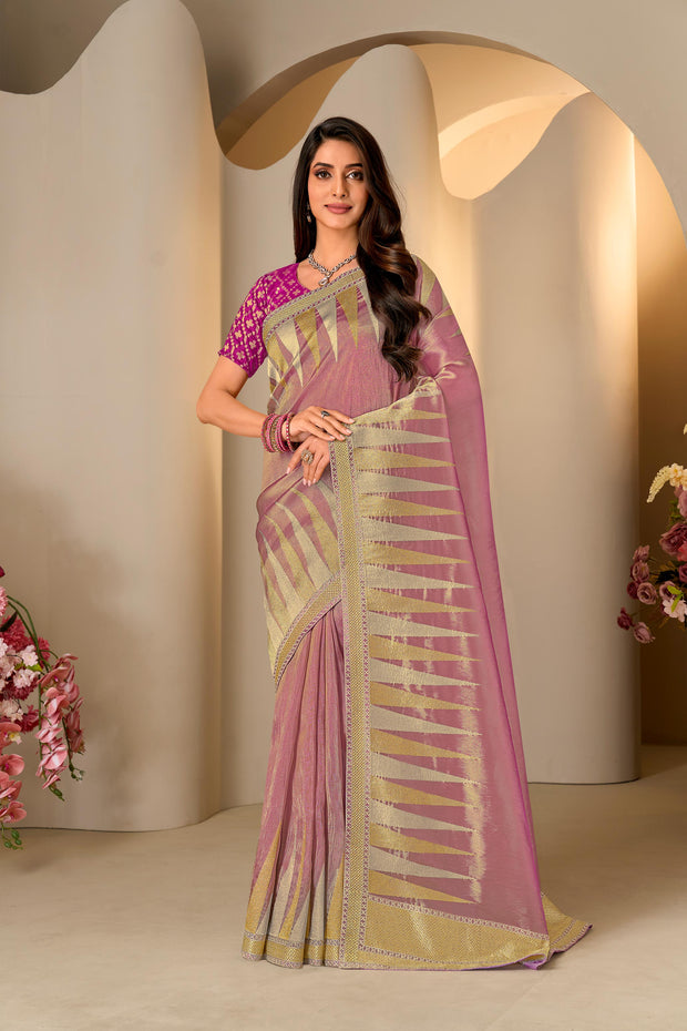 Pink embroidered silk blend saree festive wear
