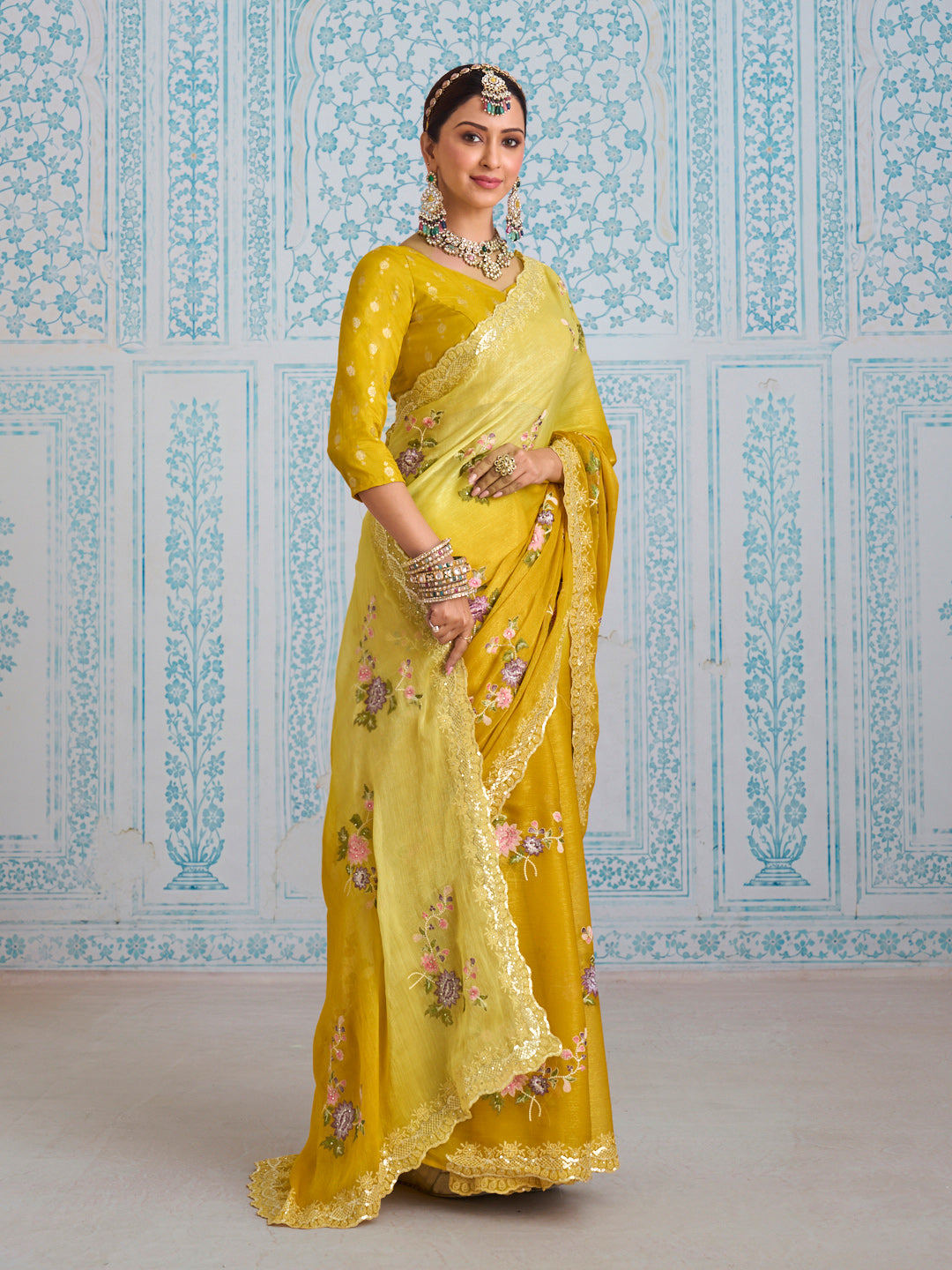 Laxmipati Aanya Yellow Chiffon Embroidered Saree