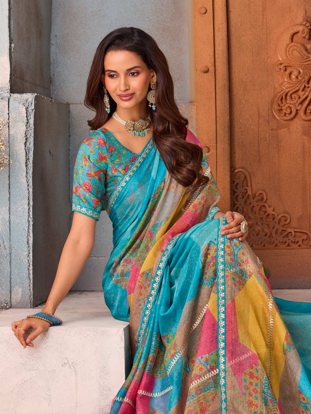 Blue embroidered chiffon saree casual wear