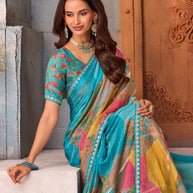 Blue embroidered chiffon saree casual wear