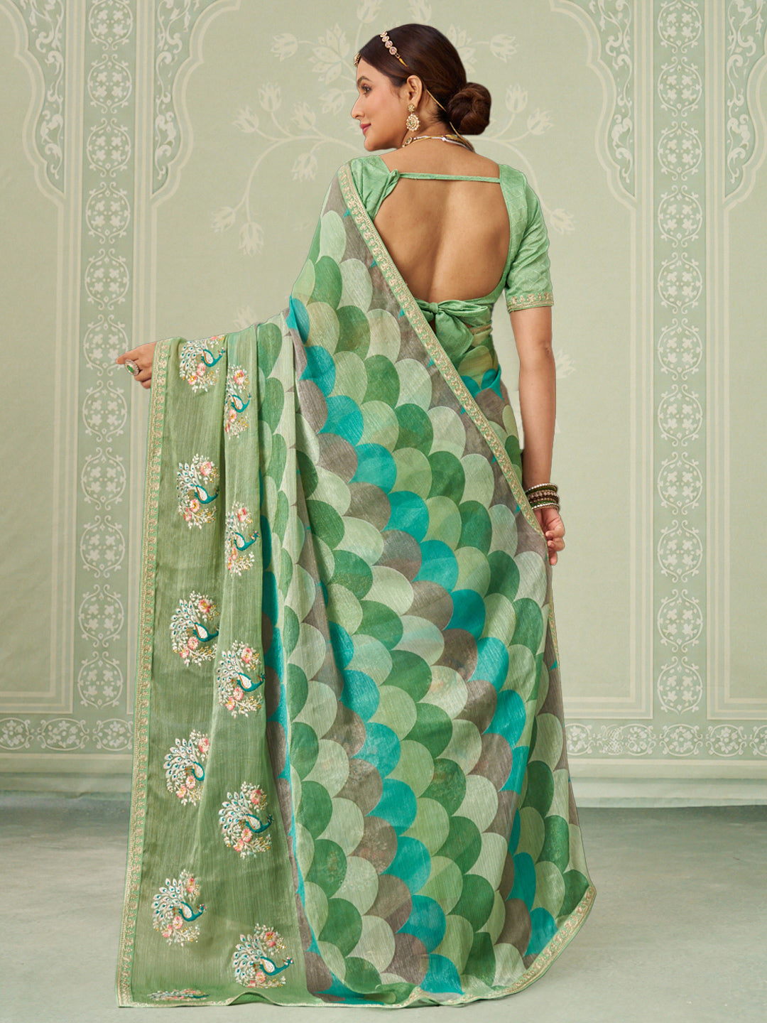 Green embroidered chiffon saree party wear