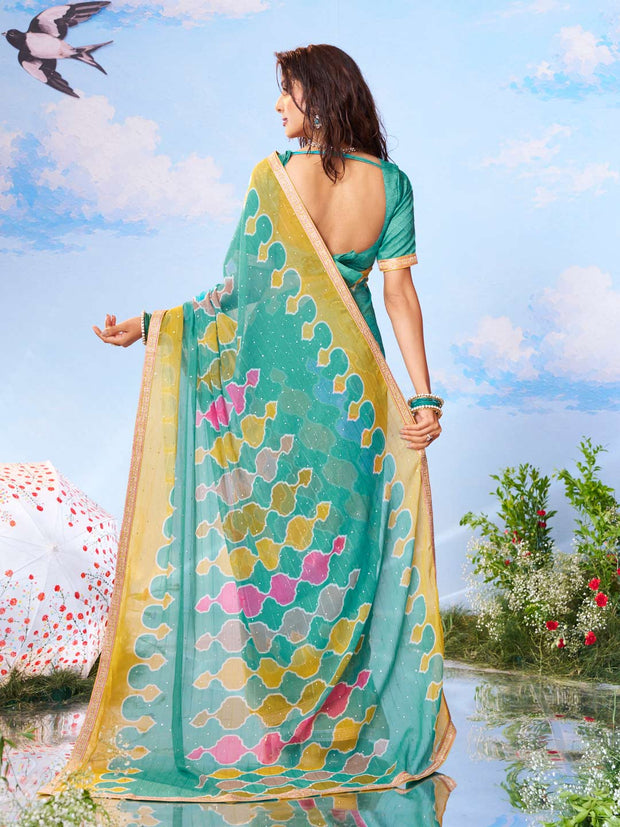 Green diamond printed chiffon saree party wear 
