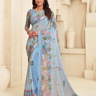 Blue zig zag floral printed georgette saree trendy look