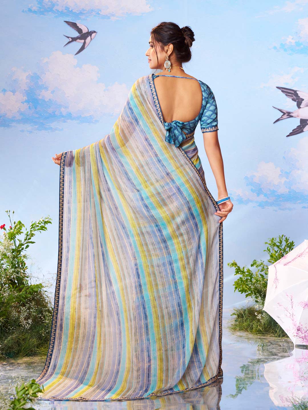  Blue plain georgette saree office wear