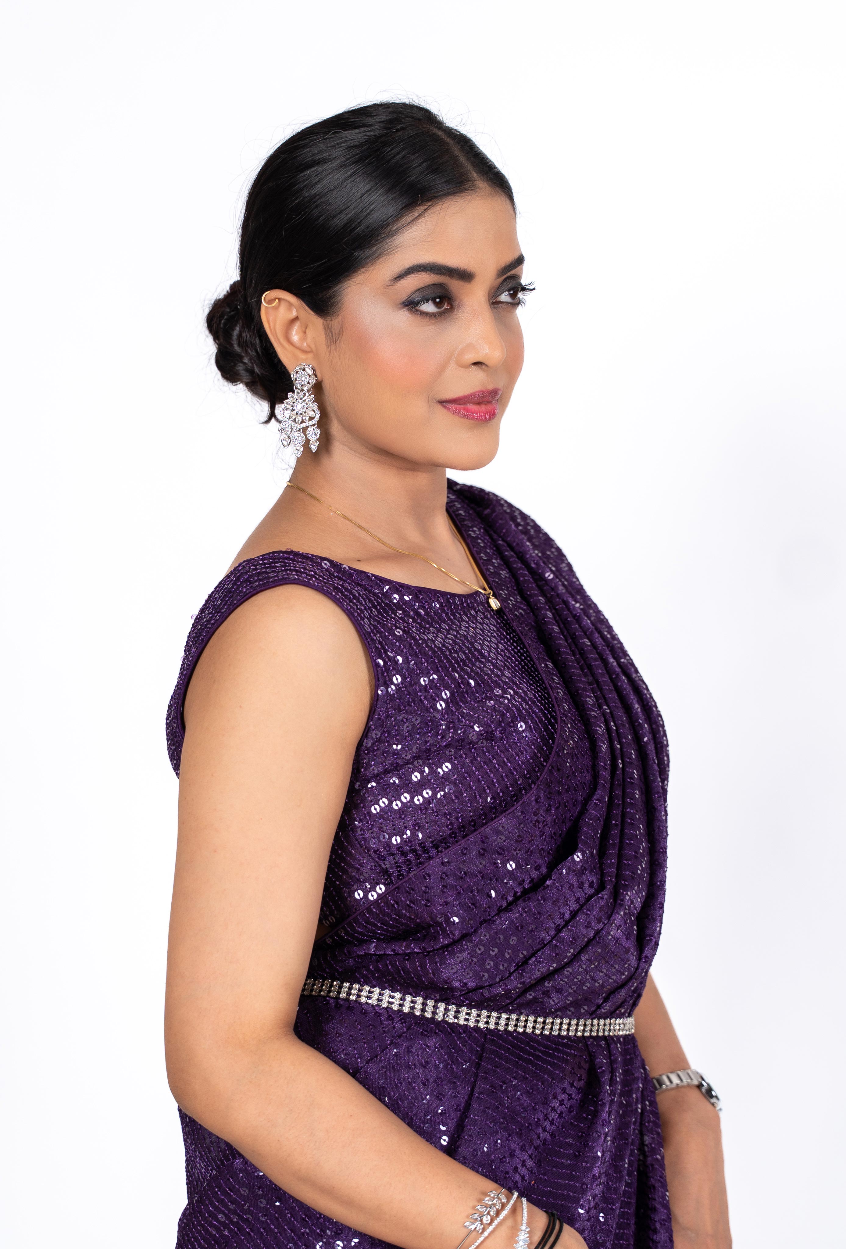 Purple sequin embroidered georgette saree daily wear