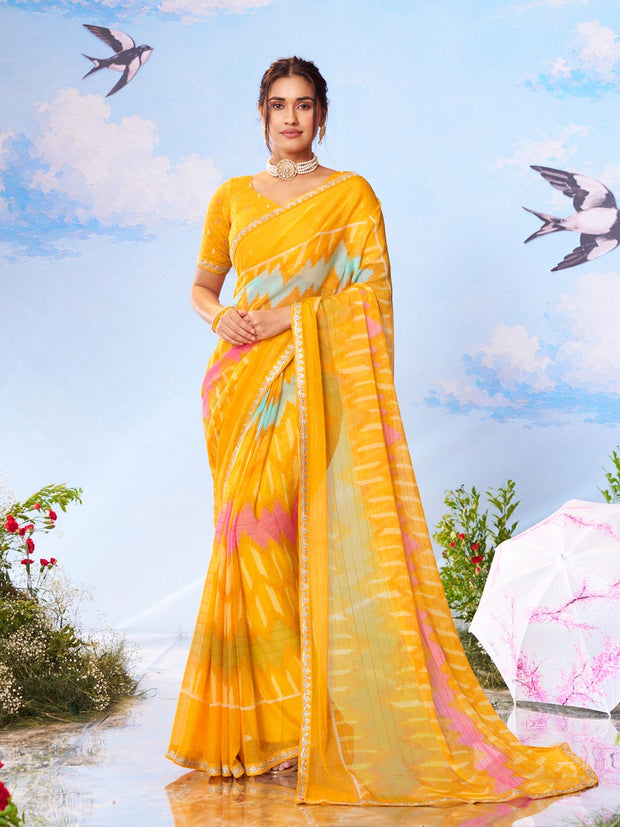 Yellow embroidered silk saree festive wear 