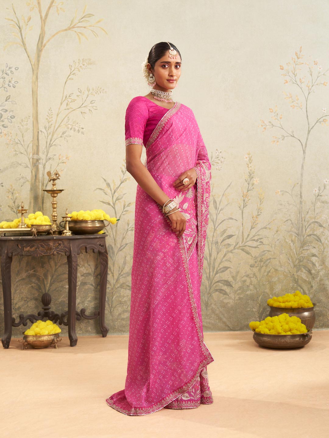 Pink embroidered chiffon saree casual wear