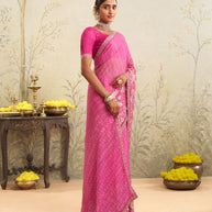 Pink embroidered chiffon saree casual wear