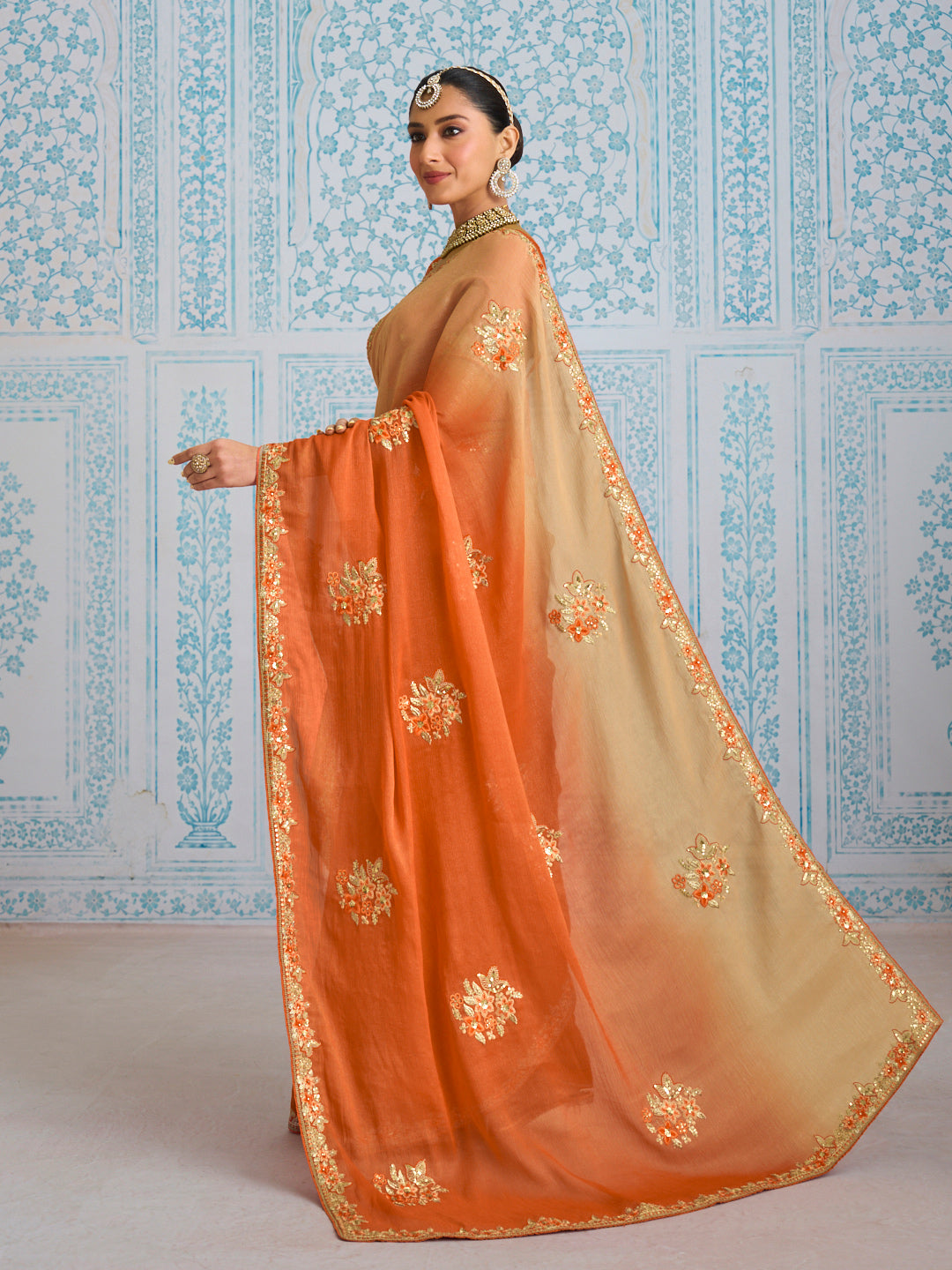 Laxmipati Aanya Orange Chiffon Embroidered Saree
