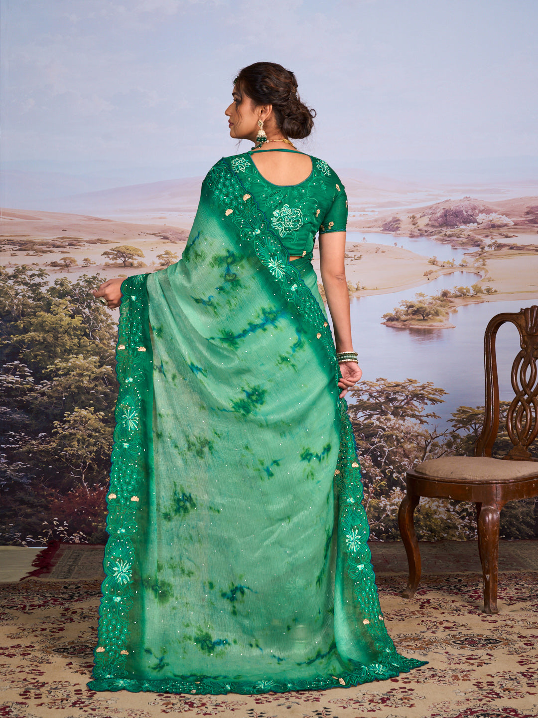 Green floral embroidered chiffon saree wedding wear