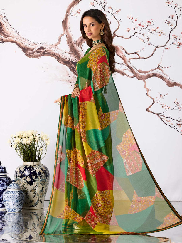Green patchwork printed georgette saree party wear