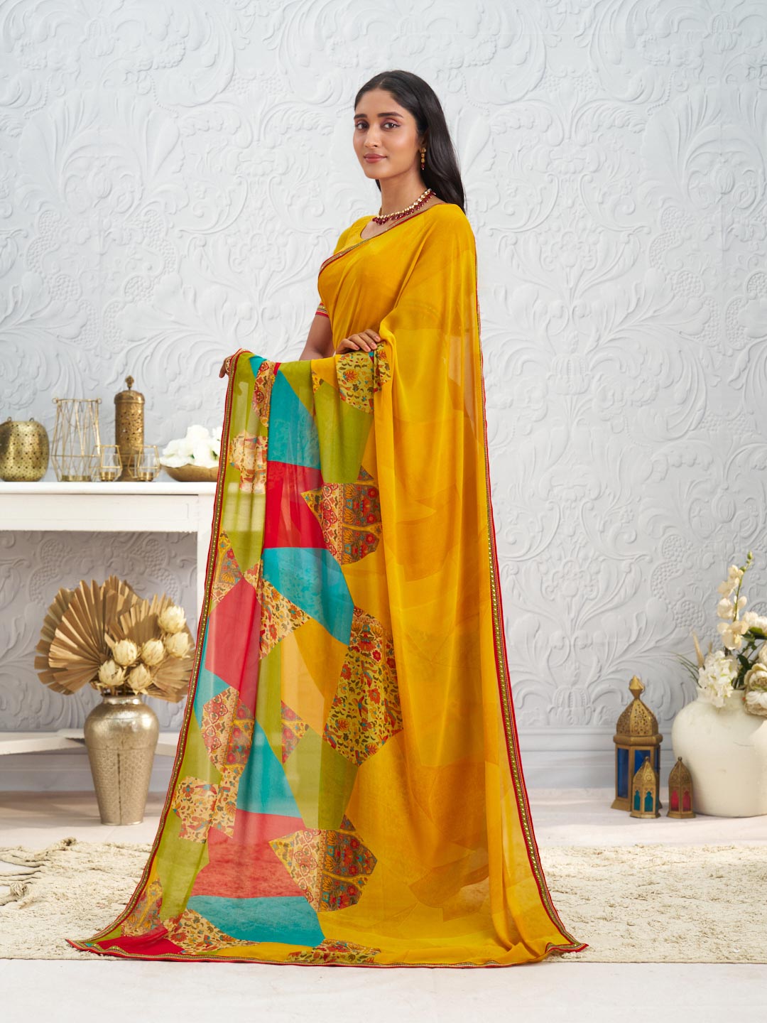 Yellow floral printed georgette saree festive wear