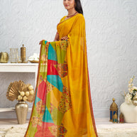 Yellow floral printed georgette saree festive wear