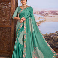 Blue floral embroidered silk blend saree festive wear