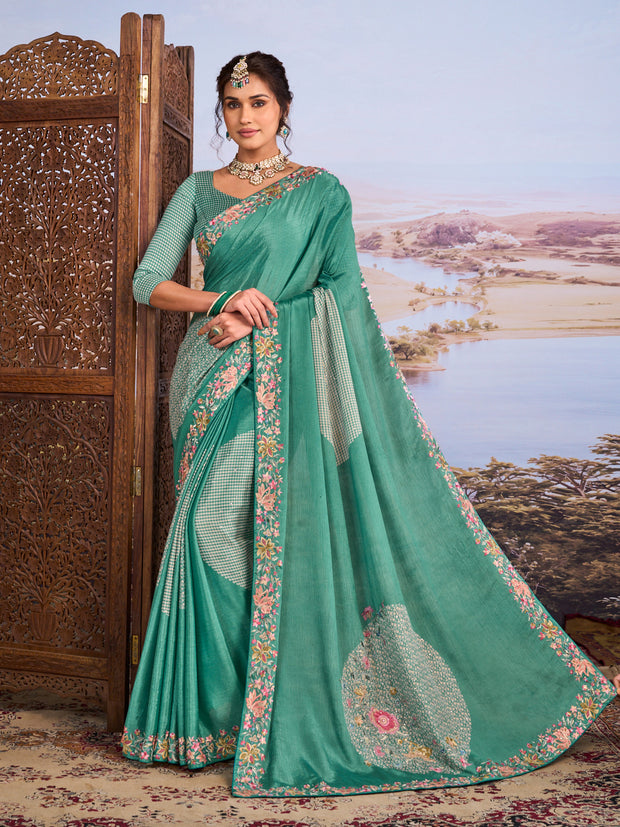 Blue floral embroidered silk blend saree festive wear