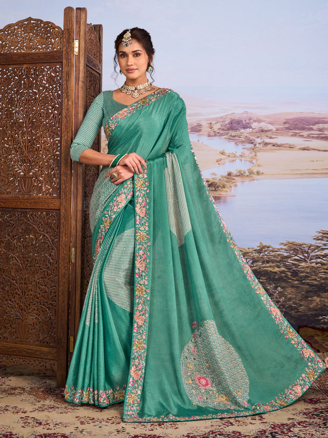 Blue floral embroidered silk blend saree festive wear