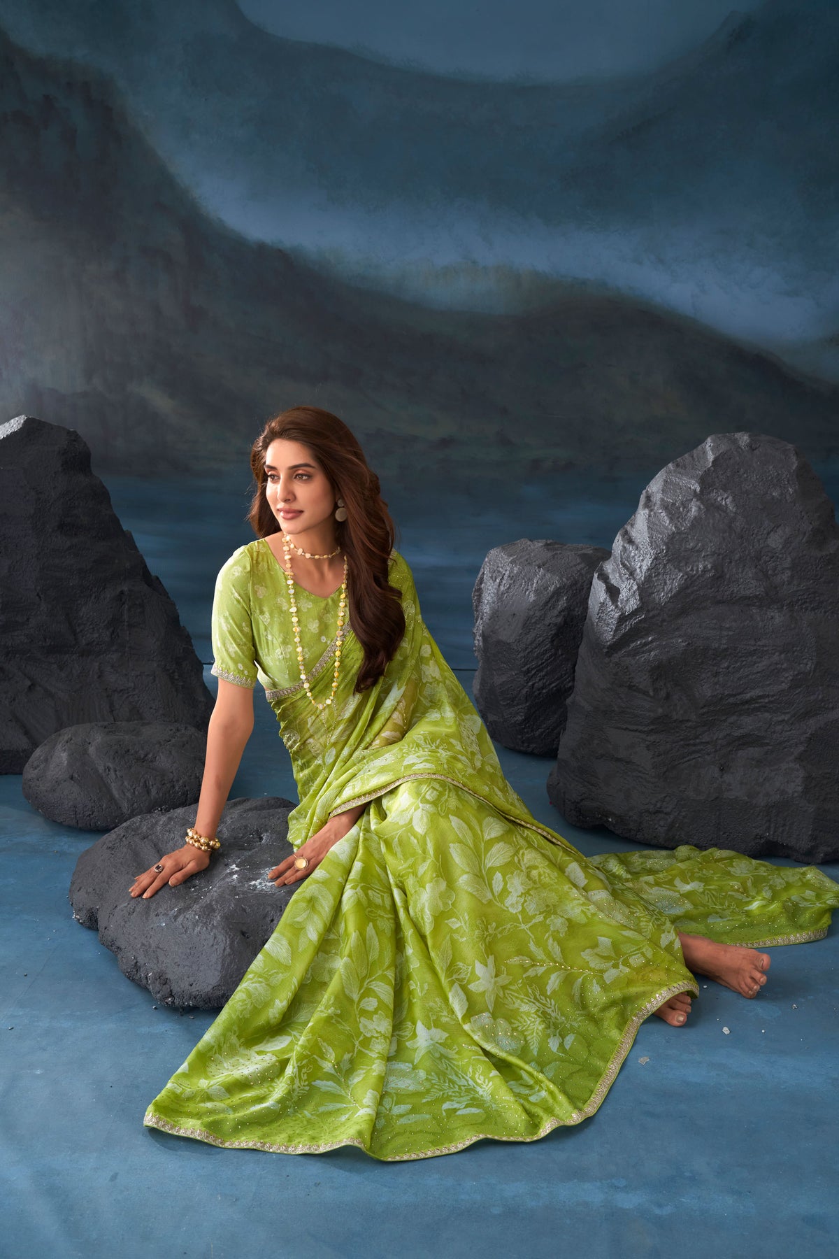 Green floral printed silk blend saree festive wear
