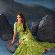 Green floral printed silk blend saree festive wear
