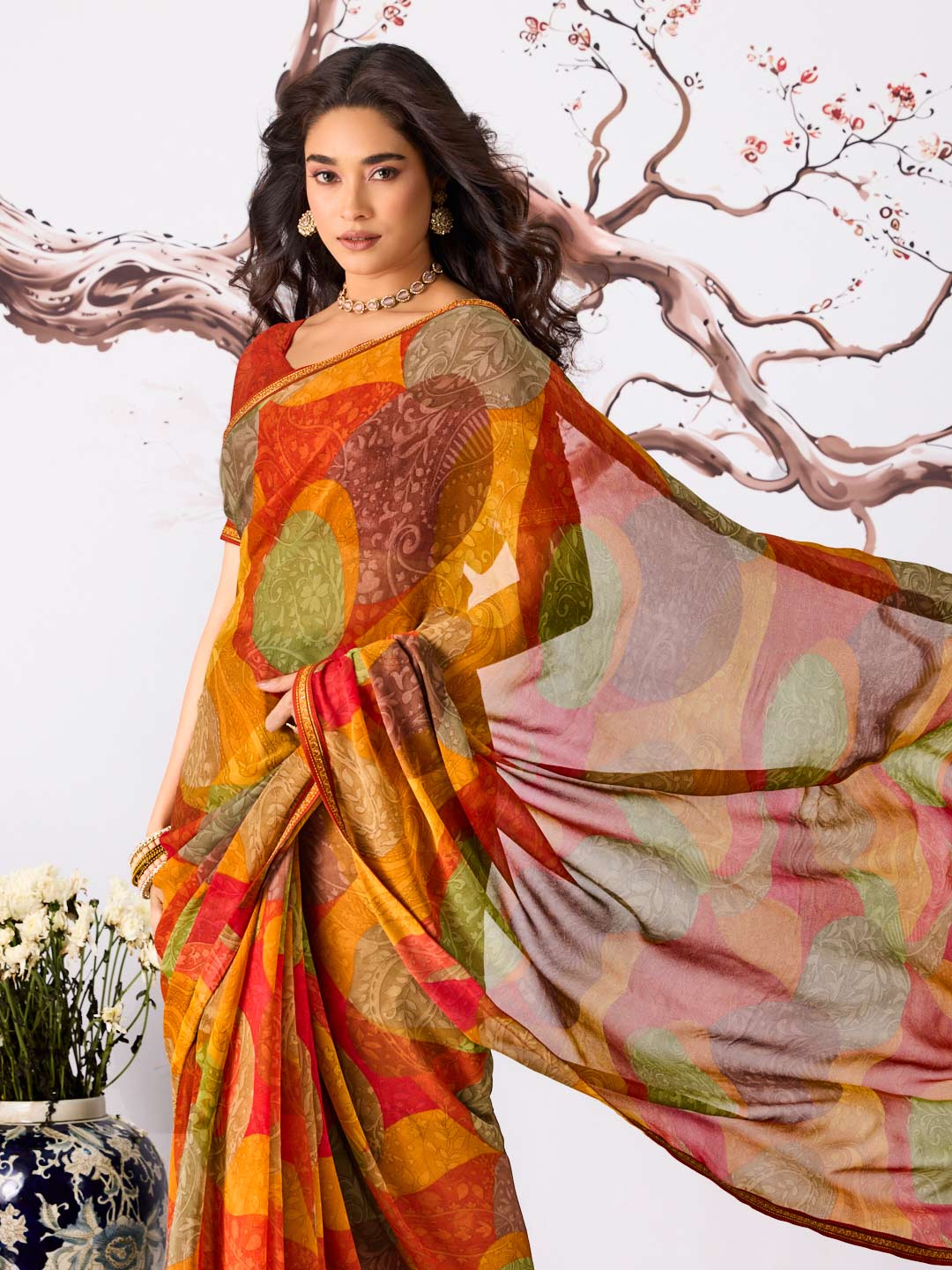Orange abstract pattern printed georgette saree daily wear
