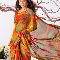 Orange abstract pattern printed georgette saree daily wear