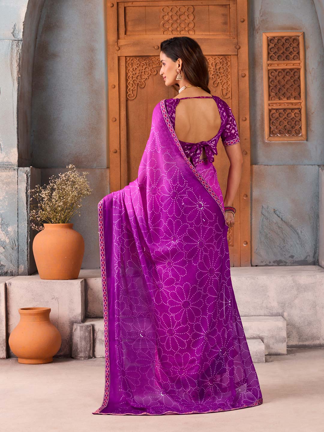 Pink floral dotted silk blend saree party wear