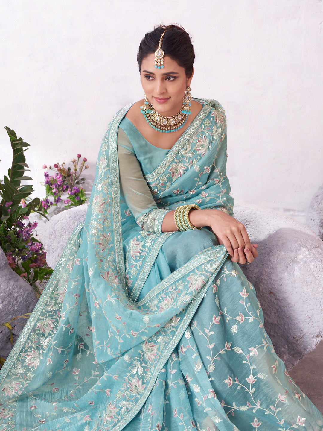 Blue floral embroidery saree stylish drape