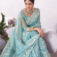 Blue floral embroidery saree stylish drape