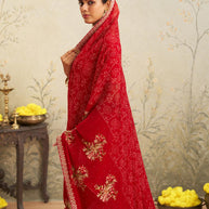 Red embroidered chiffon saree casual wear