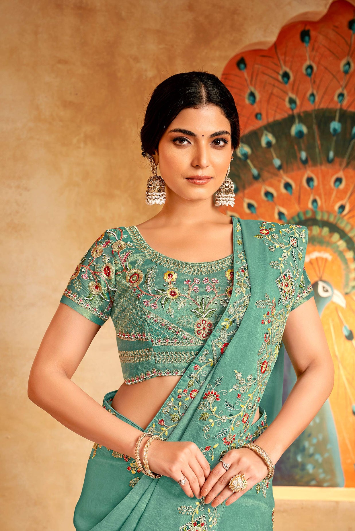 designer teal embroidery saree