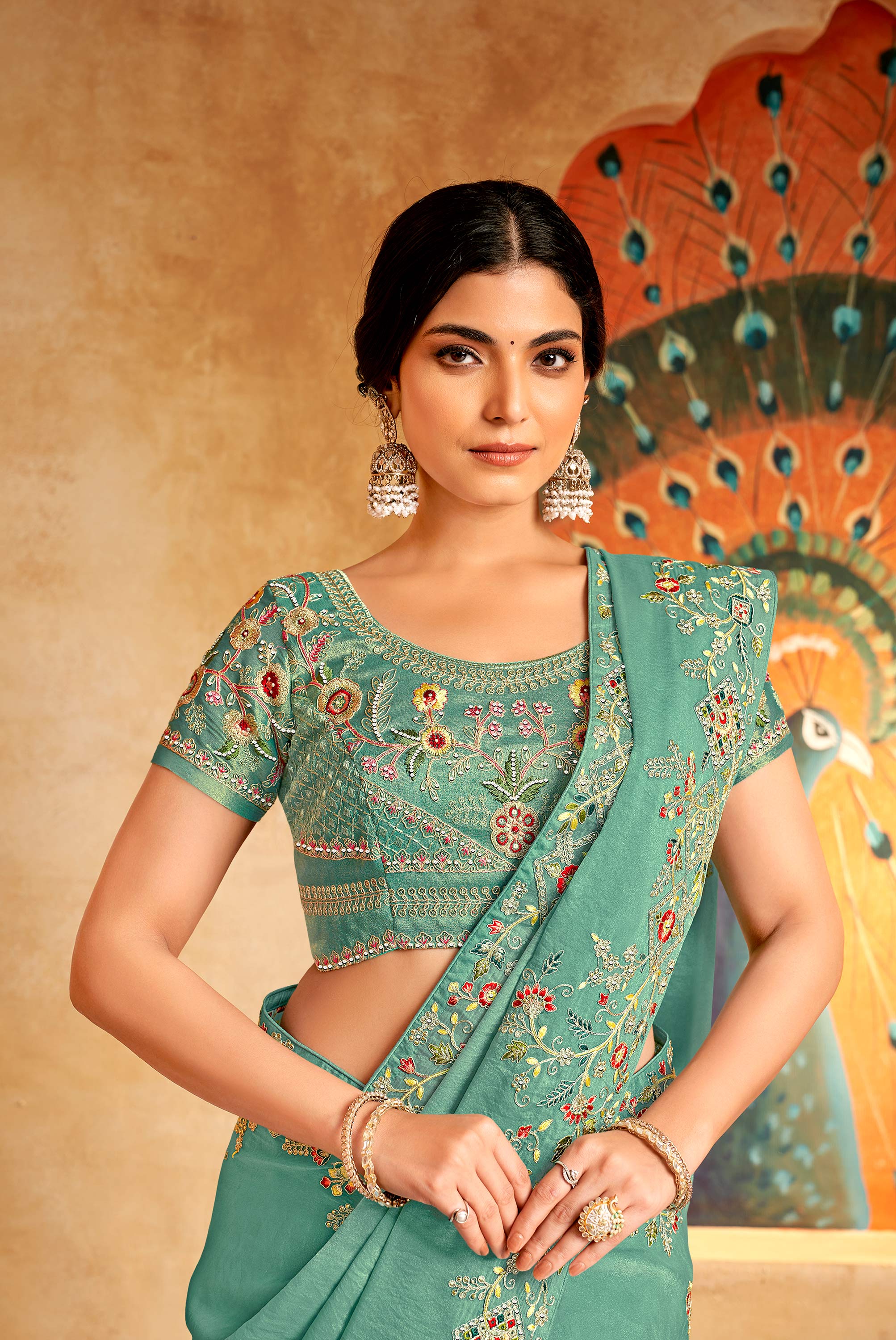 designer teal embroidery saree