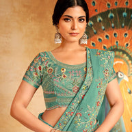 designer teal embroidery saree