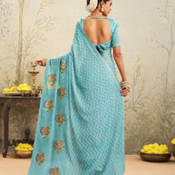 Blue floral embroidered chiffon saree party wear