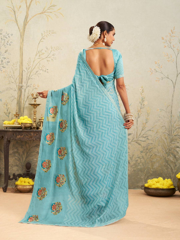 Blue floral embroidered chiffon saree party wear