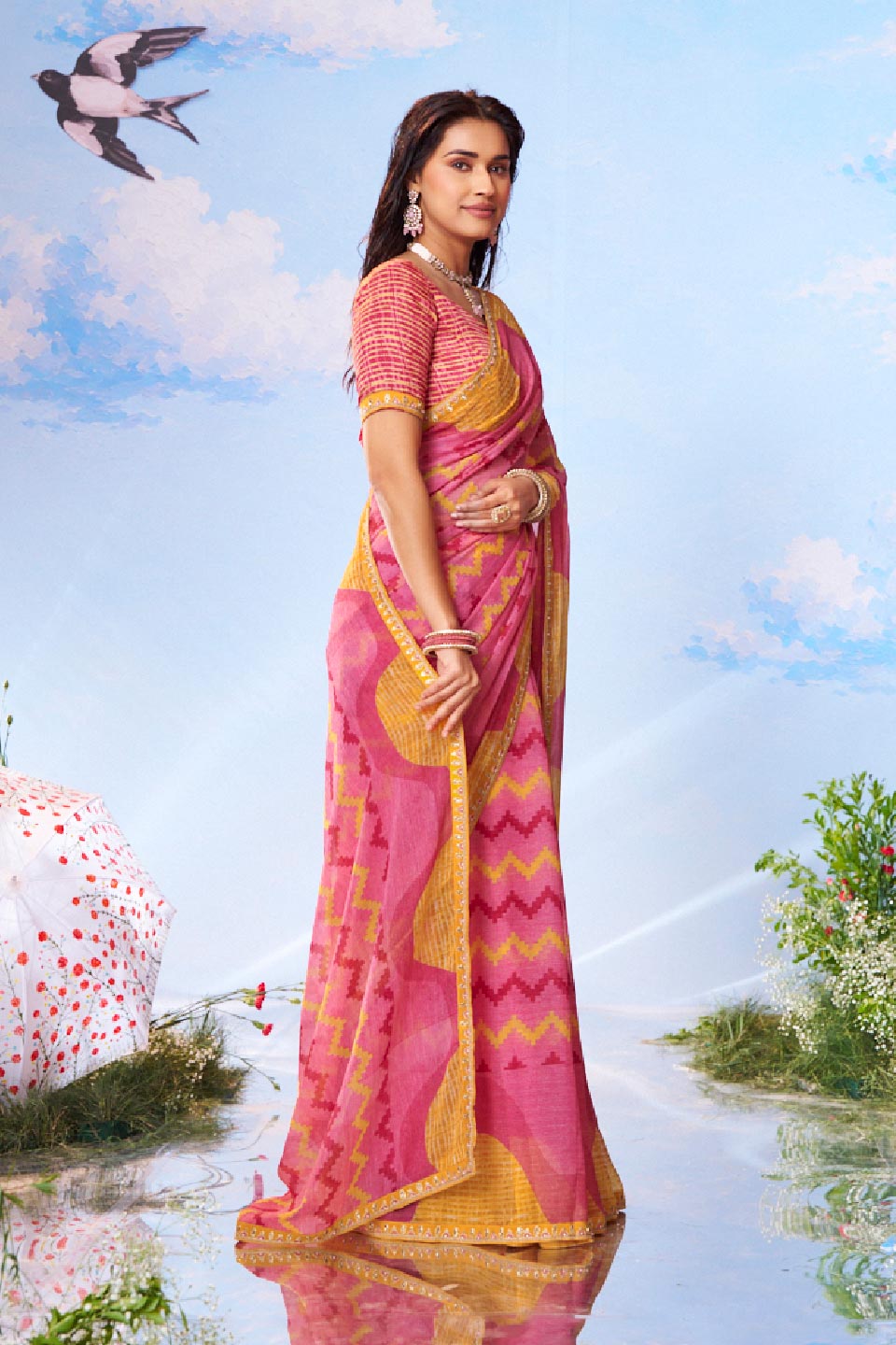 Pink geometric printed chiffon saree casual wear 