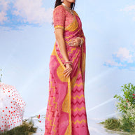 Pink geometric printed chiffon saree casual wear 