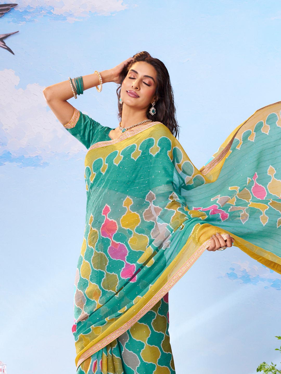 Green woven patterned chiffon saree ethnic wear ethnic wear