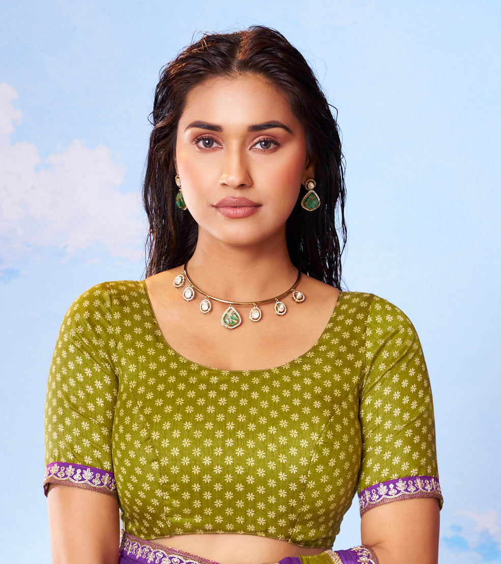 Olive Green floral printed chiffon saree casual wear